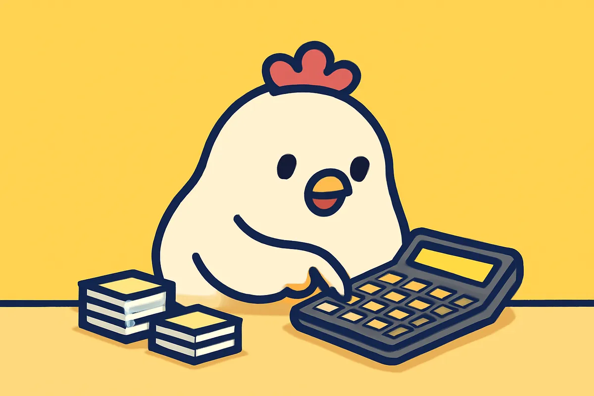 Illustration: Das Huhn rechnet mit einem großen Taschenrechner