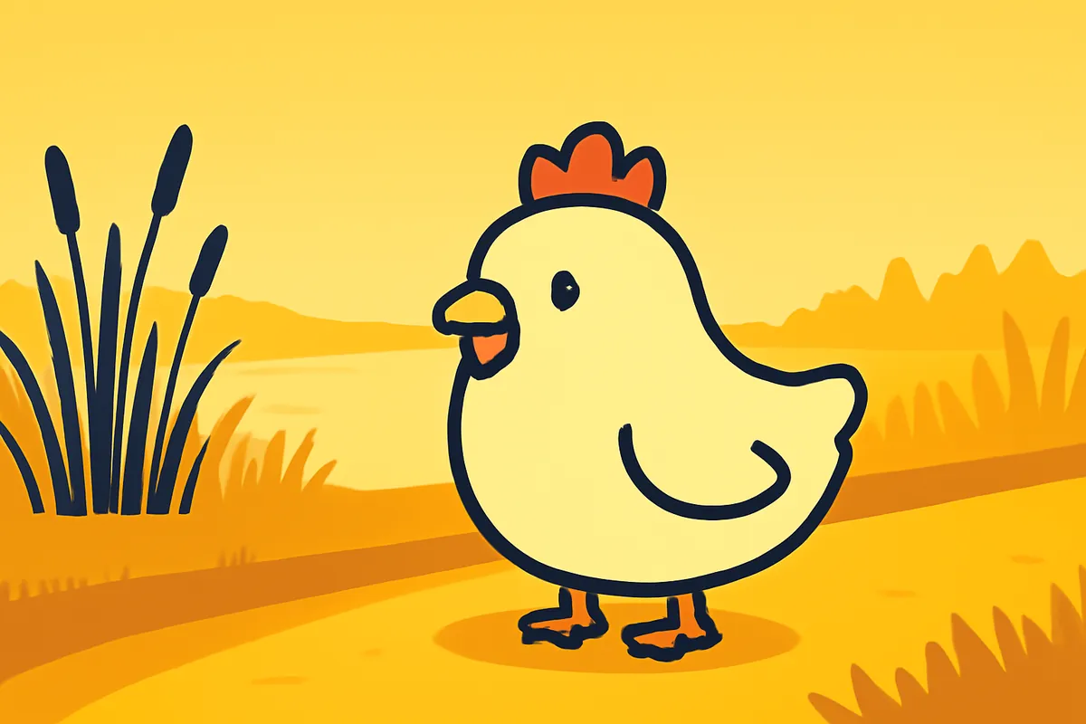 Illustration: Das Chicken-Road-Huhn unterwegs auf einer Landstraße