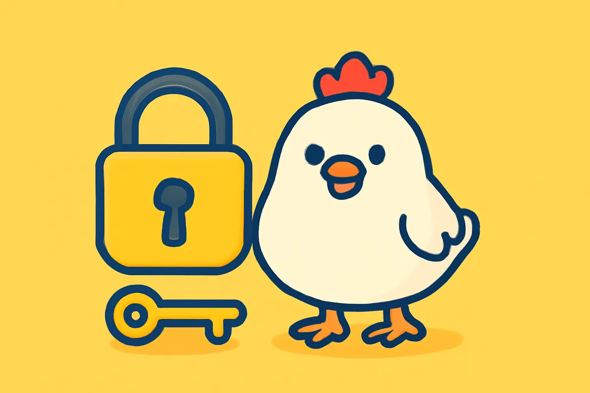 Illustration: Das Huhn neben einem Vorhängeschloss und einem Schlüssel