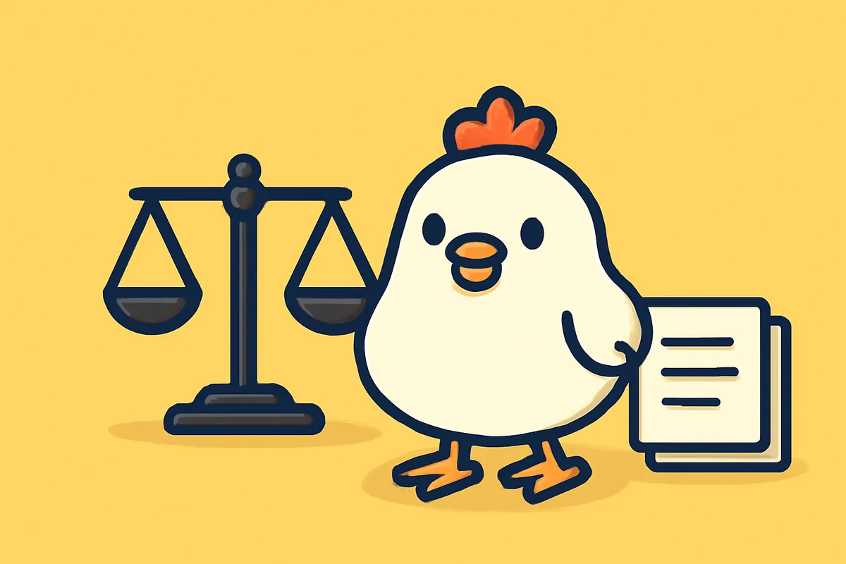 Illustration: Das Huhn neben einer Waage und einem Stapel Papiere