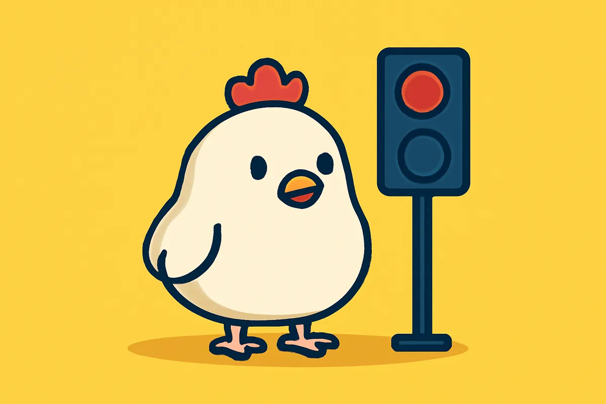 Illustration: Das Huhn wartet an einer roten Ampel